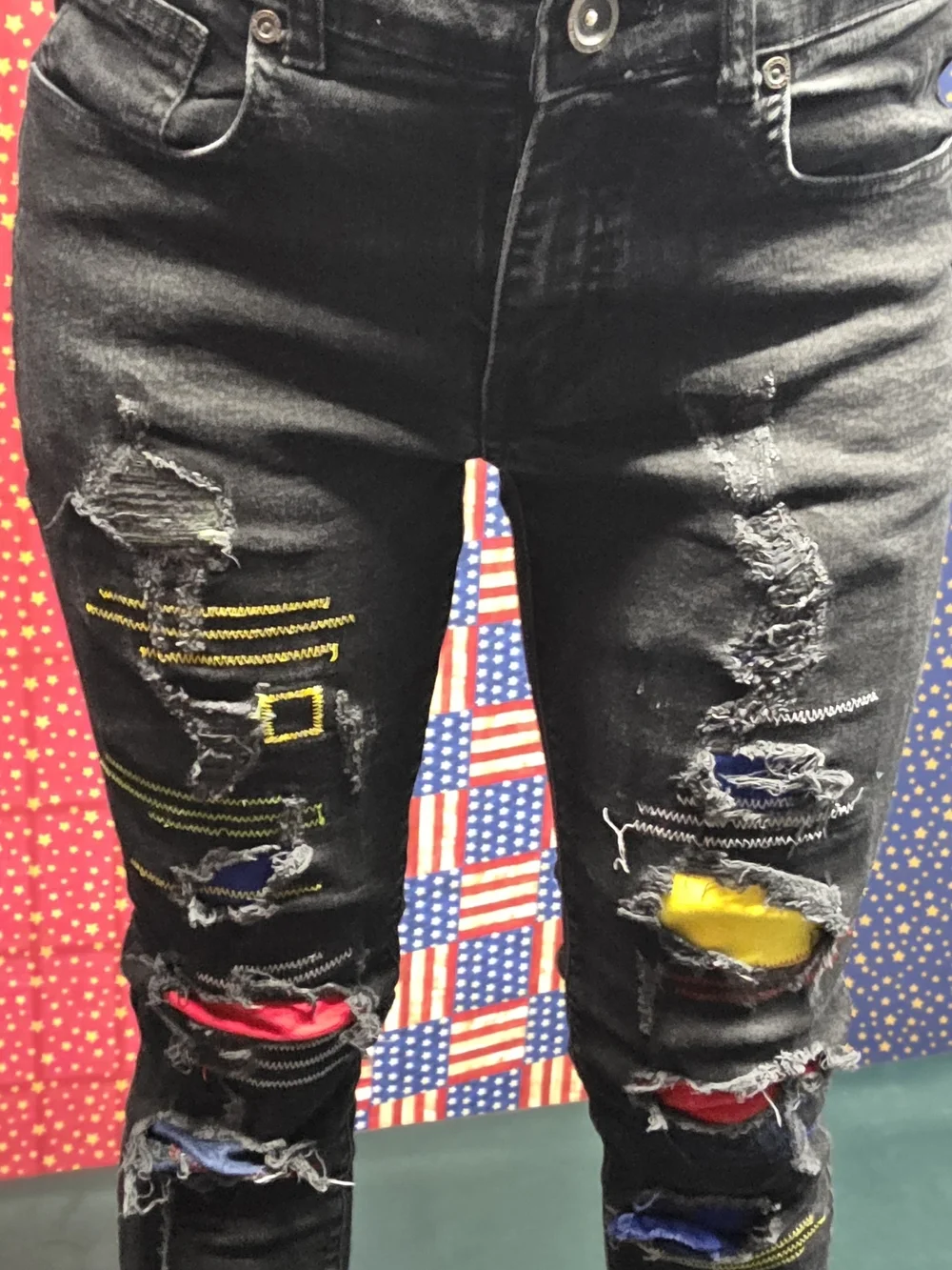 **Black Distressed Men’s Jeans with Color Patch Accents** - Picture 6 of 14